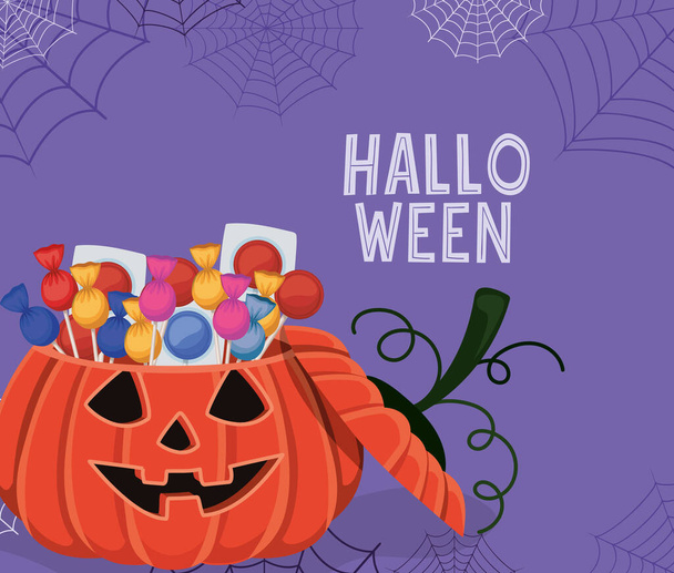 Halloween-Kürbis-Cartoon mit Bonbons und Spinnennetzen Vektor-Design - Vektor, Bild