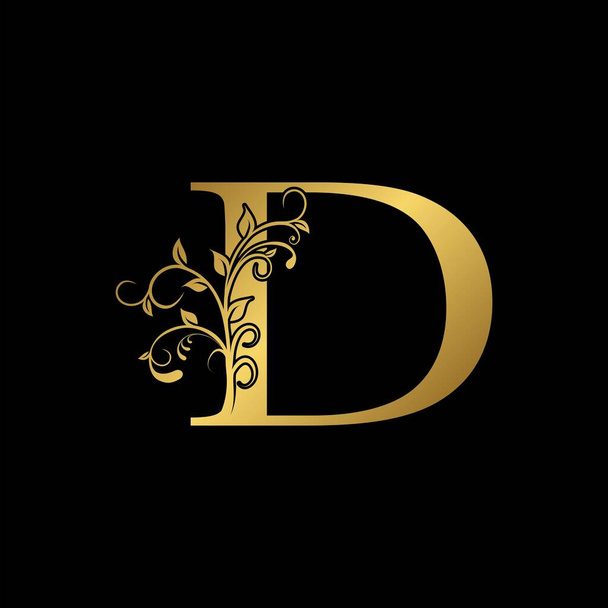 Icono del logotipo de la letra D inicial de oro, diseño de la plantilla del logotipo del vector de la hoja de naturaleza botánica. - Vector, Imagen