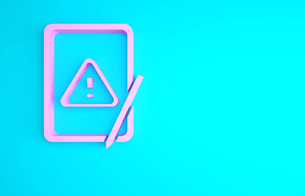 Różowa tabletka graficzna z wykrzyknikiem odizolowana na niebieskim tle. Powiadomienie smartfona z powiadomieniem. Koncepcja minimalizmu. Ilustracja 3D 3D renderowania. - Zdjęcie, obraz