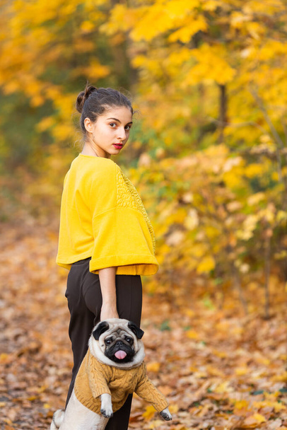 Adolescente avec son chiot chiot à l'automne dans le parc. - Photo, image