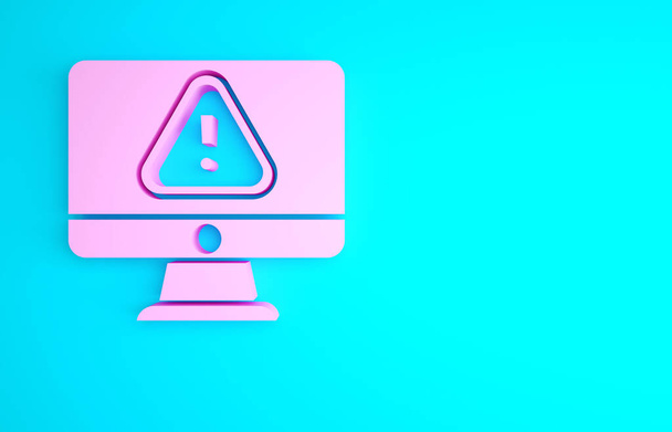 Monitor per computer rosa con icona del punto esclamativo isolato su sfondo blu. Messaggio di avviso notifica smartphone. Concetto minimalista. Illustrazione 3d rendering 3D. - Foto, immagini