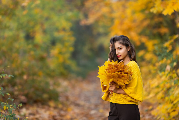 Cheerful woman portrait with autumn maple leaves in the park. - Photo, Image