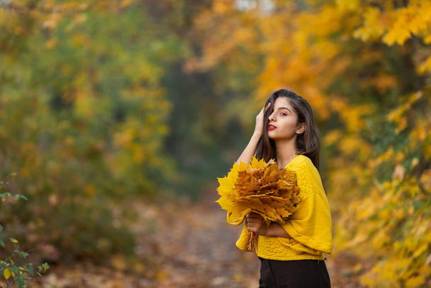 Retrato de mujer alegre con hojas de arce de otoño en el parque. - Foto, Imagen