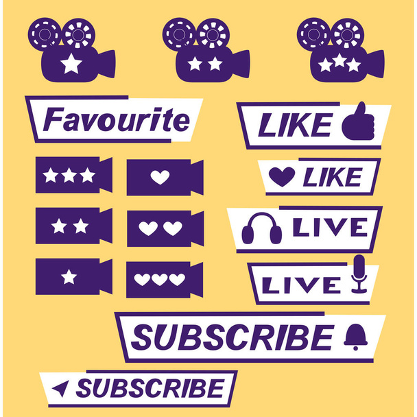Set of violet icons of old camera - symbols of marks on one, two and three stars, live video, subscribe and favourite for video blog, like - Vector, Image