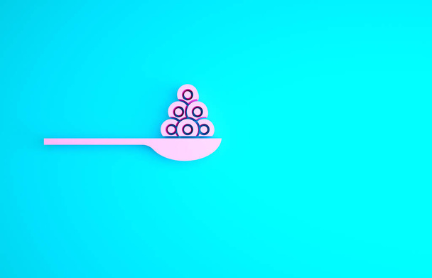 青い背景に孤立したスプーンアイコン上のピンクのキャビア。最小限の概念。3Dイラスト3Dレンダリング. - 写真・画像