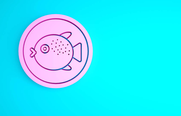 ピンク青の背景に隔離されたプレートアイコン上の魚をパファー。フグフグ日本のフグ。最小限の概念。3Dイラスト3Dレンダリング. - 写真・画像