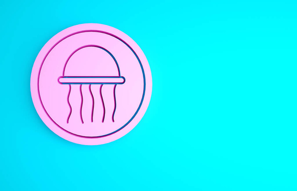 Розовая медуза на иконке тарелки, выделенной на синем фоне. Концепция минимализма. 3D-рендеринг. - Фото, изображение