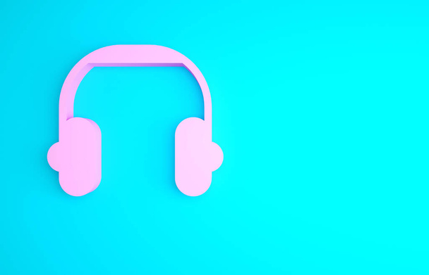 Pink Headphones icon isolated on blue background. Earphones. Concept for listening to music, service, communication and operator. Minimalism concept. 3d illustration 3D render. - Photo, Image