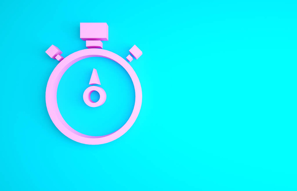Icona cronometro rosa isolata su sfondo blu. Un timer temporale. Segno cronometro. Concetto minimalista. Illustrazione 3d rendering 3D. - Foto, immagini