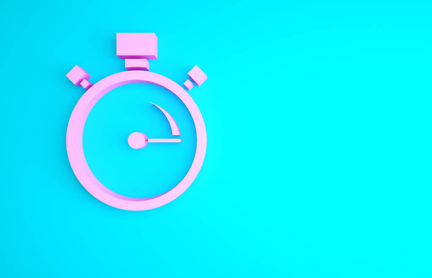 Pink Stopwatch icon isolated on blue background. Time timer sign. Chronometer sign. Minimalism concept. 3d illustration 3D render. - Photo, Image