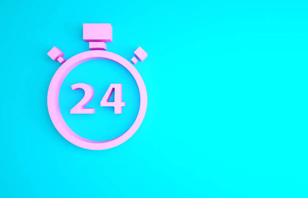 Cronometro rosa icona 24 ore isolato su sfondo blu. Icona ciclica tutto il giorno. 24 ore di servizio simbolo. Concetto minimalista. Illustrazione 3d rendering 3D. - Foto, immagini