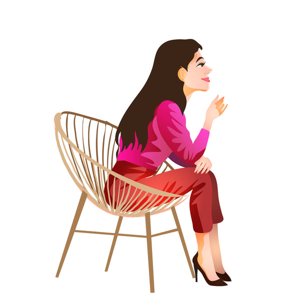 Brunette with long hair sits in a red blouse and pants and shoes and sits and thinks. Brunette sitting and smiling. Isolated vector illustration in cartoon style. - Vector, Image