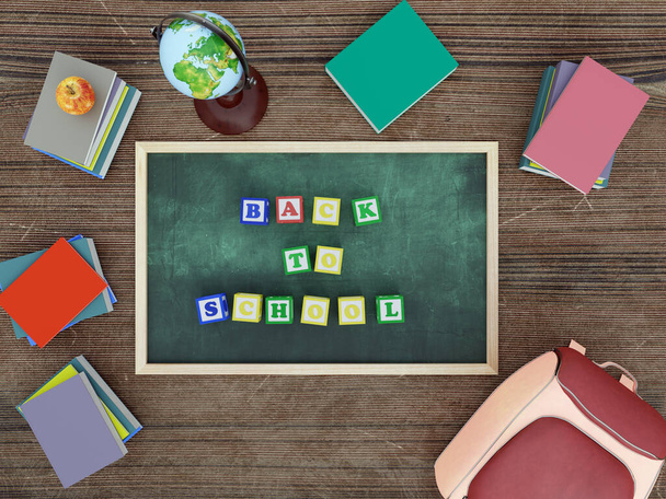 3D απόδοση του πράσινου πίνακα κιμωλία με ξύλινα μπλοκ αλφάβητο που διοργανώνονται σε κείμενο Επιστροφή στο Σχολείο με σχολική τσάντα και σωρούς από σχολικά βιβλία διάσπαρτα γύρω - Φωτογραφία, εικόνα