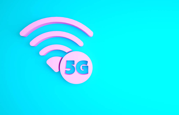Rose 5G nouvelle icône de connexion wifi sans fil isolé sur fond bleu. Réseau mondial haute vitesse technologie de débit de données de connexion. Concept de minimalisme. Illustration 3D rendu 3D. - Photo, image