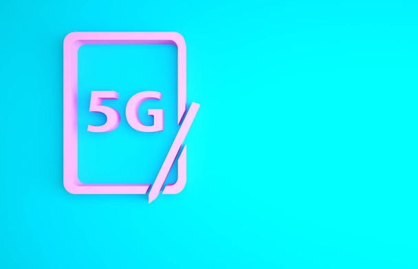Рожевий графічний планшет з 5G бездротовим інтернетом Wi-Fi ізольовано на синьому фоні. Глобальна мережа технології високошвидкісного з'єднання даних швидкості. Концепція мінімалізму. 3D ілюстрація 3D рендеринга
. - Фото, зображення