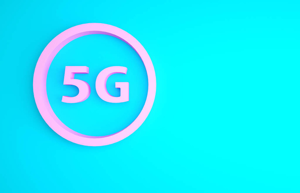 Pink 5G nowy bezprzewodowy internet bezprzewodowy połączenie ikona izolowane na niebieskim tle. Globalna technologia szybkich połączeń sieciowych. Koncepcja minimalizmu. Ilustracja 3D 3D renderowania. - Zdjęcie, obraz
