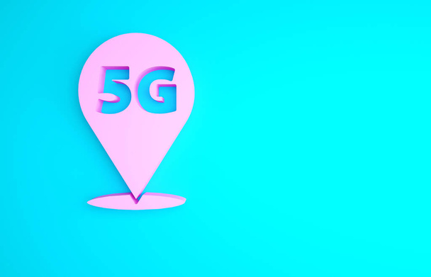 Pink Location 5G nieuw draadloos internet wifi verbinding pictogram geïsoleerd op blauwe achtergrond. Wereldwijd netwerk hoge snelheid verbinding datasnelheid technologie. Minimalisme concept. 3d illustratie 3D renderen. - Foto, afbeelding
