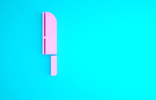 Icono de cuchillo rosa aislado sobre fondo azul. Símbolo de cubertería. Concepto minimalista. 3D ilustración 3D render. - Foto, imagen