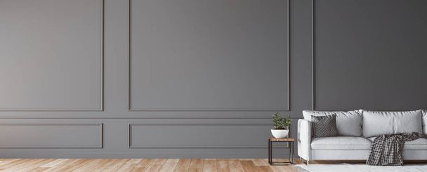 Wohnzimmerattrappe, weißes Sofa und frische Pflanzen auf einem Beistelltisch aus Holz, leere dunkelgraue Wand, Panorama, 3D-Render - Foto, Bild
