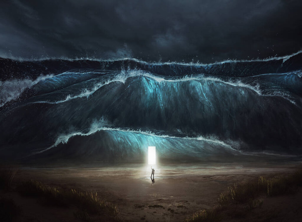 Ein Mann findet inmitten von Sturm und Tsunami eine offene Tür - Foto, Bild
