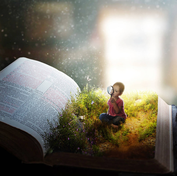 Ein kleines Mädchen beobachtet Schmetterlinge auf den Seiten einer offenen Bibel - Foto, Bild