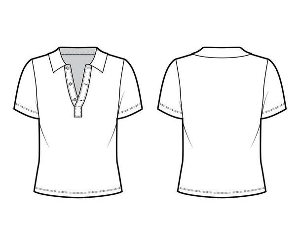 Poloshirt technische Mode-Illustration mit kurzen Ärmeln aus Baumwolle-Jersey, Übergröße, Knöpfe an der Vorderseite - Vektor, Bild