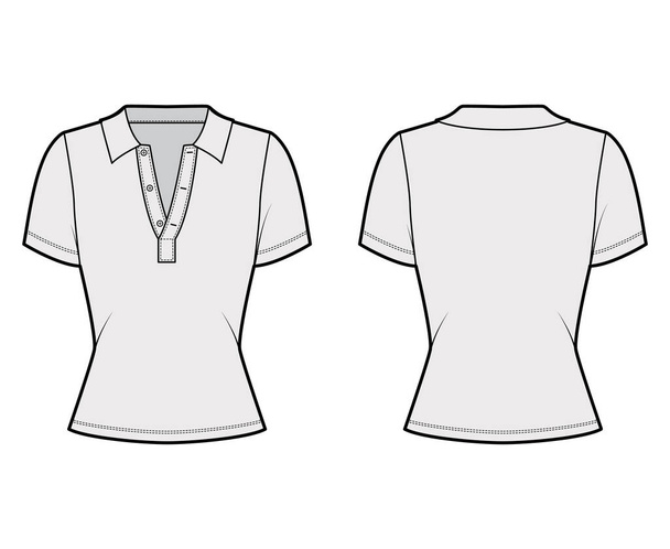 Техническая модная иллюстрация рубашки-поло с короткими рукавами из хлопка-джерси, оснащенное тело, пуговицы вдоль передней части - Вектор,изображение