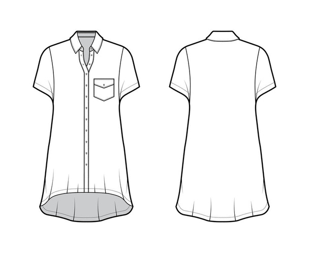 Oversized πουκάμισο φόρεμα τεχνική μόδα εικονογράφηση με γωνιακή τσέπη, κοντά μανίκια, τακτική γιακά, high-low hem. - Διάνυσμα, εικόνα