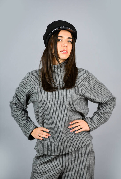 Fashionable knitwear. Warm comfortable clothes. Casual style for every day. Knitwear concept. Feel comfortable. Woman wear grey suit blouse and pants. Shop Your Style. Designed for your comfort - Foto, Bild