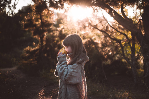 Kislány sétál az erdőben és forró teát iszik.. - Fotó, kép