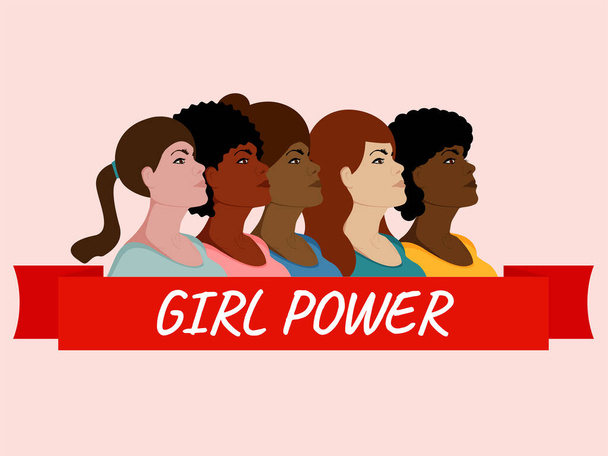 Dívčí koncept moci. Pět multietnických žen stojí při sobě. Boj za práva, nezávislost, rovnost. Přátelství žen, spojení feministek nebo sesterstva. Pohyb zmocnění - Vektor, obrázek