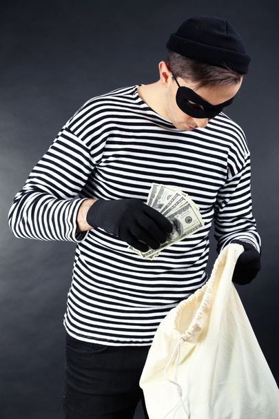 Thief with bag on dark background - Fotoğraf, Görsel