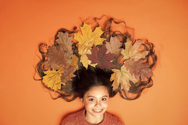 Creative way to wear autumn leaves. Little child with colorful leaves in long brunette hair. Autumn hair care. Care of hair in fall. Autumnal look of small hair model - Photo, image