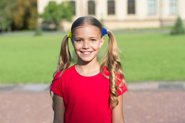 Cheerful little girl adorable ponytails hairstyle outdoors, good mood concept - 写真・画像