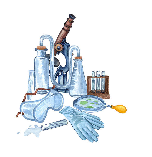 Equipo de ciencia de acuarela de microscopio, vidrio, herramientas de laboratorio. Ilustración química dibujada a mano. Conjunto escolar - Foto, Imagen