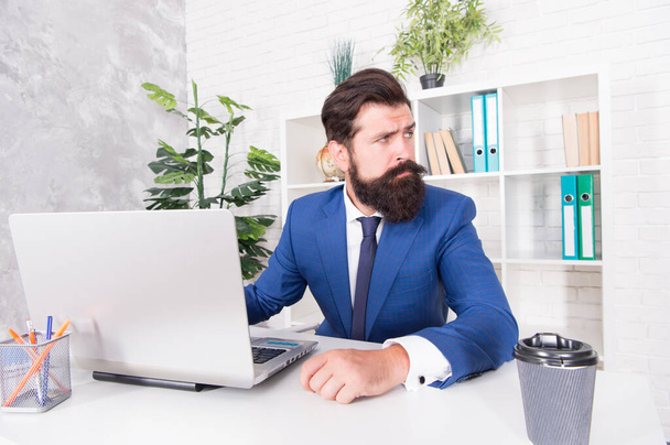 Man inspired manager work online laptop, dreaming big concept - Φωτογραφία, εικόνα