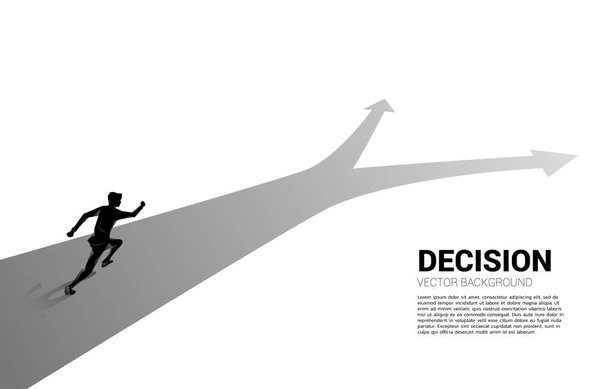 クロスロードを走っているビジネスマンのシルエット。事業の方向性を決定する時間の概念 - ベクター画像
