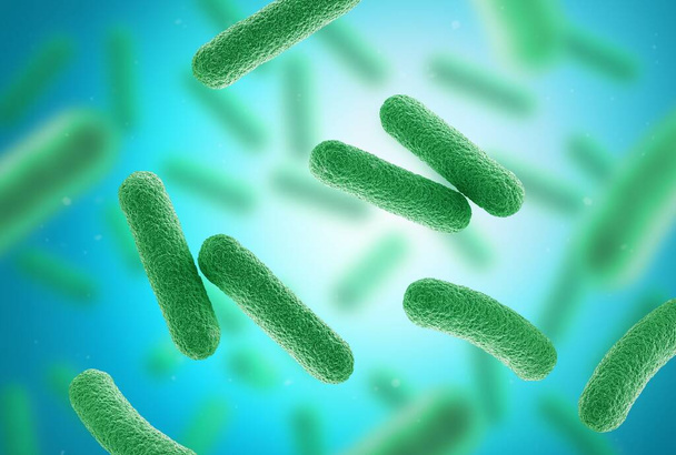 Bacterias verdes sobre fondo azul. De cerca. ilustración 3d. - Foto, Imagen