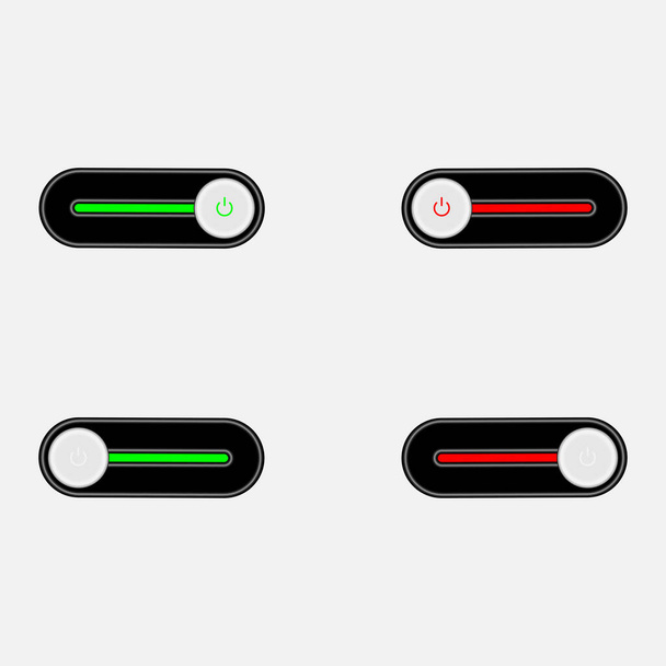 Conjunto de 4 On Off botões de energia estilo slider com fundo preto, os botões Off são fechados em círculo vermelho e os botões on em círculo verde, - Vetor, Imagem
