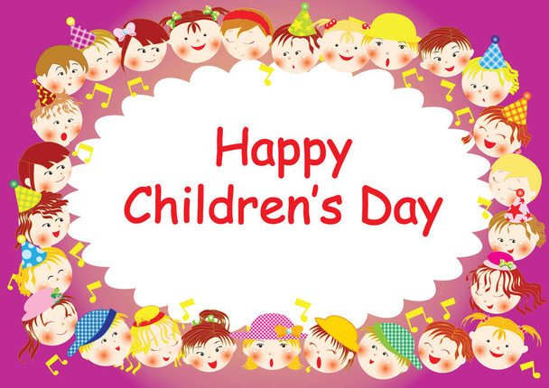 greeting card with happy cartoon little children, vector, illustration, happy children day - Vector, Image