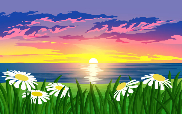 Piękne jezioro zachód słońca z kwiatami - Wektor, obraz