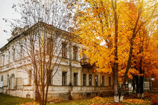 Belle maison ancienne et arbres jaunes d'automne, bâtiment antique  - Photo, image