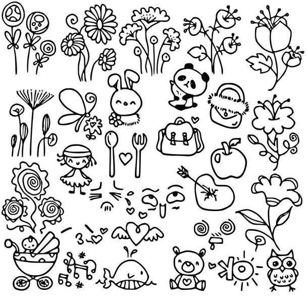 set with doodle flowers and animals on the white background - Вектор,изображение