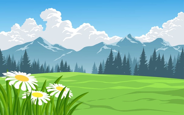 Ορεινό τοπίο ηλιόλουστη μέρα με το πεδίο και τα λουλούδια - Διάνυσμα, εικόνα