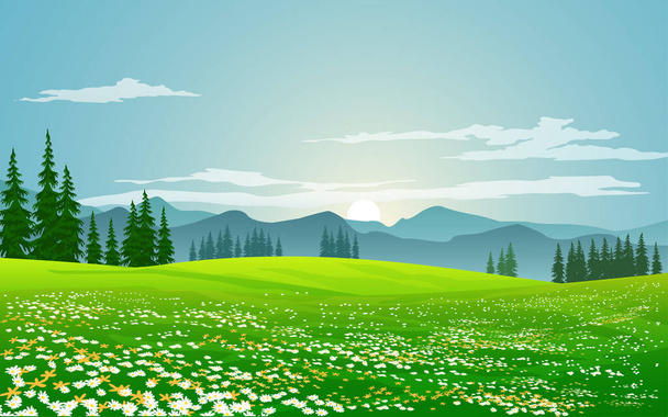 Louka krajina s květinami a horami - Vektor, obrázek