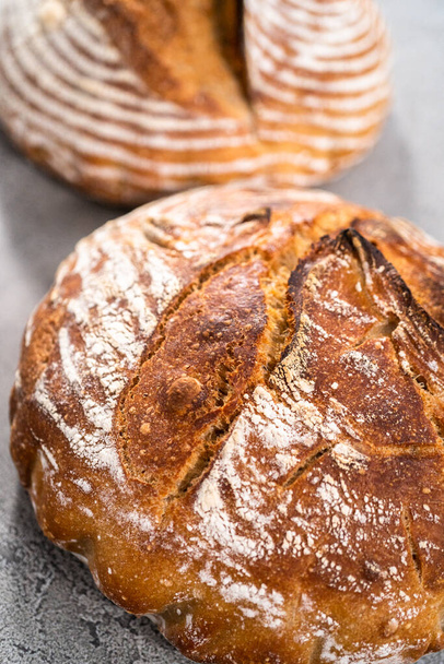 pain fraîchement cuit d'un pain au levain de blé avec des marques du panier d'étanchéité au pain. - Photo, image