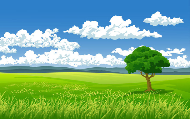 Día soleado en pradera con árbol - Vector, Imagen