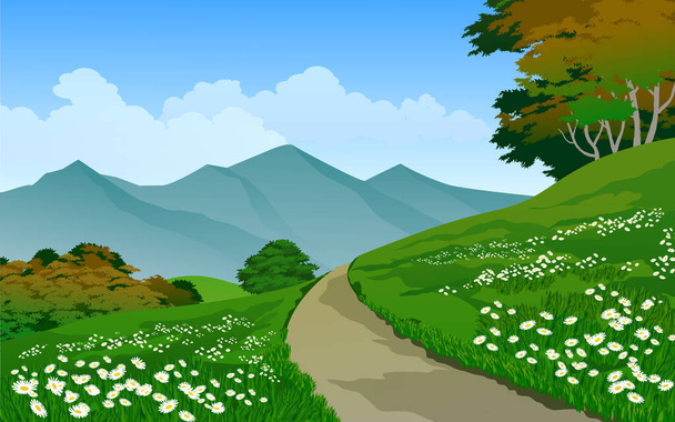 Krajobraz górski na wsi z pastwiskami i ścieżką - Wektor, obraz