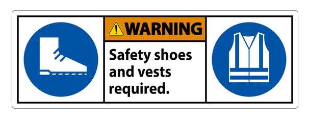 Предупреждающий знак безопасности Обувь и жилет, необходимые с СИЗ символов на белом фоне  - Вектор,изображение