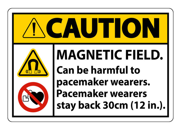 Pozor Magnetické pole může být škodlivé pro nositele kardiostimulátorů.Nosítka kardiostimulátorů.Držte se zpátky 30cm  - Vektor, obrázek